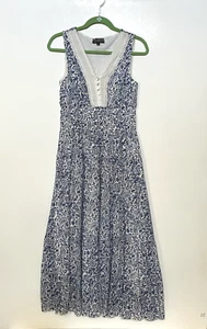J Gee Damen Kleid lang gesmokte Taille Stufen Paisley blau weiß Gr. SP ärmellos - Bild 1 von 11
