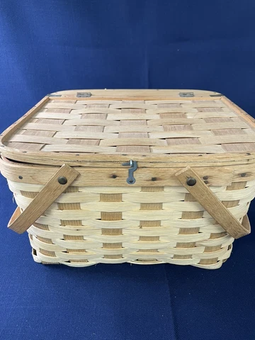 Vintage West Rindge Picnic Pie Basket Insert Woven Wicker Rattan Swivel Handles Cover
