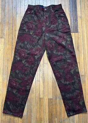Pantalones de mezclilla vintage años 90 Deadstock Bill Blass para mujer 6 tapiz de tiro alto floral Y2K Foto 1 de 4