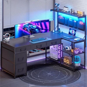 Corner Computer Desk, Reversible L Shaped office Desk with 5 Drawers &LED Lights - Picture 1 of 30