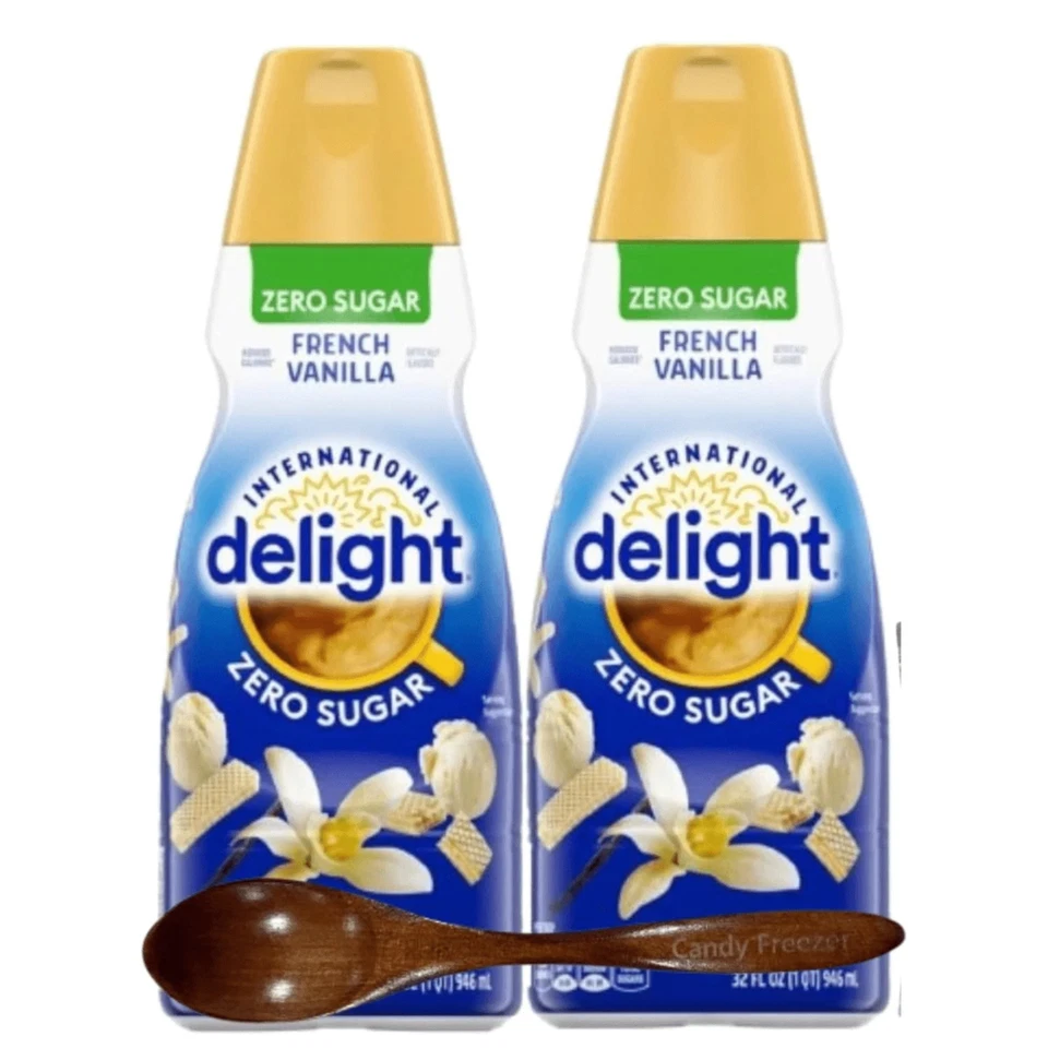 Crema de café Int'l Delight French Vanilla Zero Sugar 32 oz paquete de 2 con cuchara de madera Foto 1 de 1