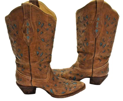 Coral Vintage Ladies Turquoise Inlay Brown Leather Cowgirl Snip Toe Boots Size 9 - Image 1 of 4