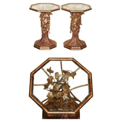 STUNNING & UNIQUE PAIR OF VINTAGE 1960'S ITALIAN COPPER FLORAL SIDE END TABLES - Image 1 of 4