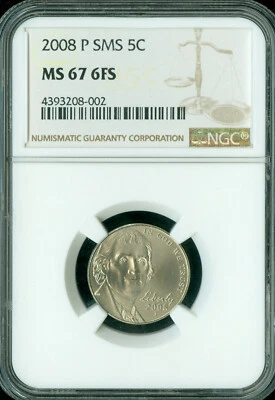 2008 P JEFFERSON NICKEL NGC MS67 6FS SMS RARE  * - Image 1 of 2