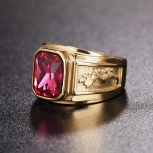 Men Women Gold Plated Stainless Steel Red Stone Ring Band Wedding Gift Size 7-12 - Picture 1 of 14