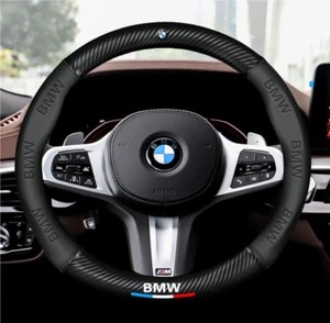 15" PU Leather+Carbon fiber Steering Wheel Cover For 1980-2024 BMW All Cars - Picture 1 of 7