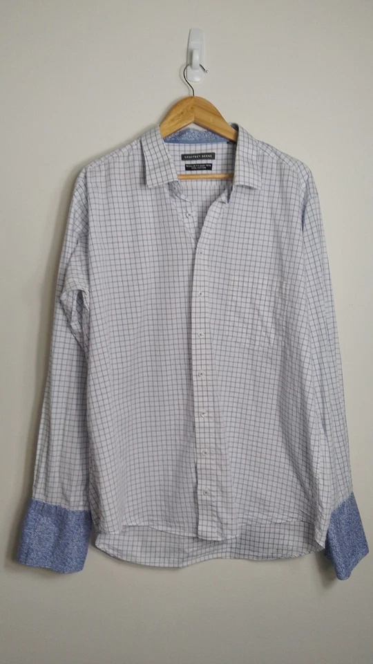 Geoffrey Beene Shirt French Cuff Mens Blue White Check Cotton Long Sleeve 46 — 第 1/4 张图片