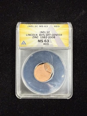 (ND) Lincoln Zinc Cent Error 80% Off Struck Center Struck ANACS MS63 RD #573 - Image 1 of 3