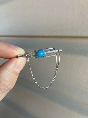 UNUSED Turquoise Bead Tie Tack / Bar / Clasp 1.5” Silver - Image 1 of 2