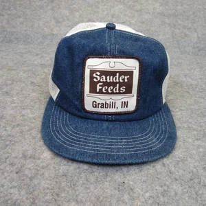 Vintage Sauder Feeds K-Products Farmer Mesh Denim Trucker Hat Cap Snapback - Picture 1 of 8