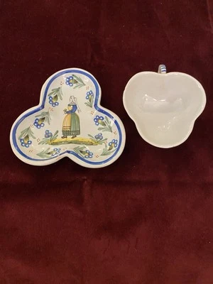 Antique Henriot Quimper Trefoil Shape Hand Painted Faience Cup & Saucer - Image 1 of 4