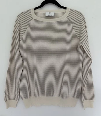 EUC Beige Striped ALLUDE Cotton/Cashmere Fine Knit Sweater Size S - Image 1 of 3