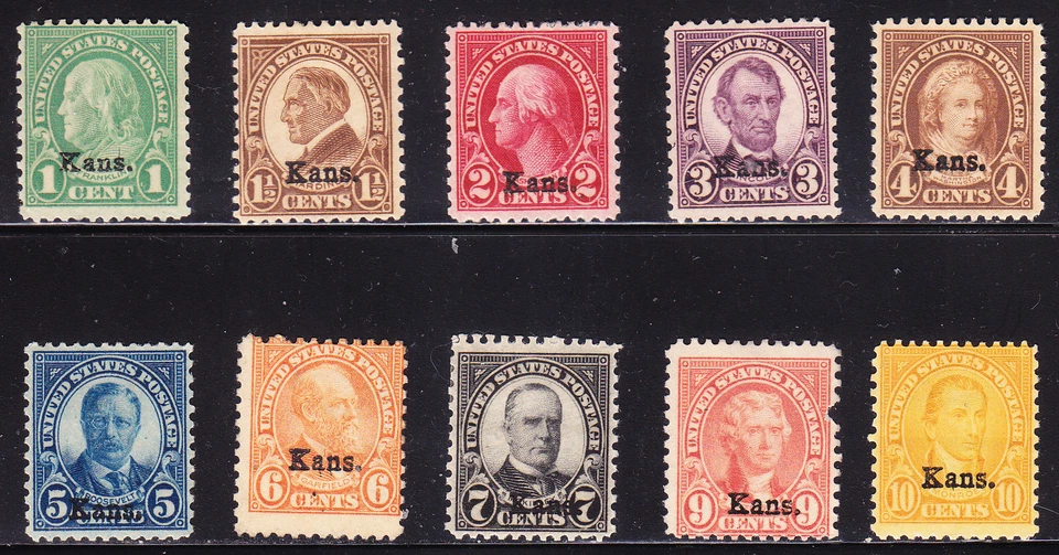 US Scott 658/668 old 1c-10c (no 8c) Kans. overprint issue M/H/OG/F-VF CV $145 - Image 1 of 1