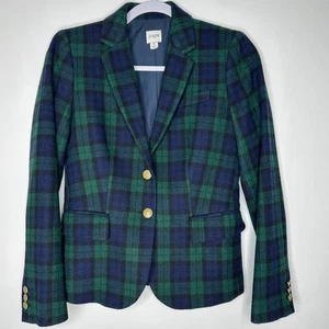 J Crew Schoolboy Blazer Womens Size 0 Black Watch Plaid Blue Green Wool Blend - Picture 1 of 10