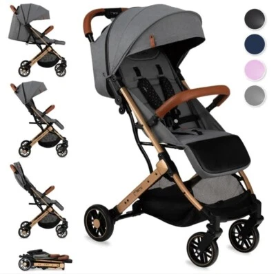 MoMi ESTELLE Buggy Kinderwagen - Leicht, Stoßdämpfung 4Räder, Koffer - Grau-Gold - Bild 1 von 4