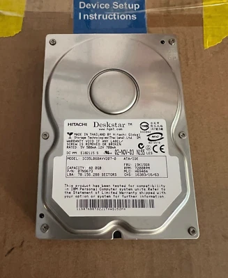 Hitachi Deskstar IC35L060AVV207-0 IDE 40GB 07N9673 19K1568 Hard Disk Drive - Image 1 of 2