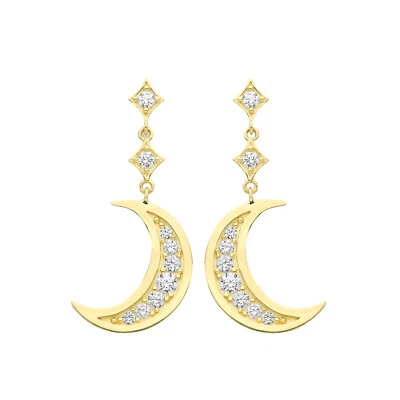 Moon Drop Dangle Earrings Hallmarked 9ct Yellow Gold British Made Brand New - Image 1 of 3