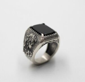 Solid 925 Sterling Silver AAA Black Onyx Gemstone Medusa Head Gothic Men's Ring