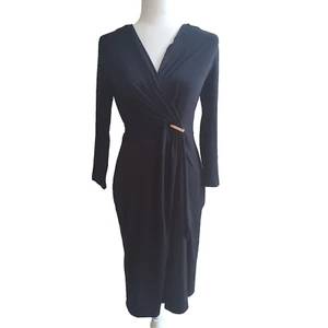 Charter Club Dress Black Faux Wrap 3/4 Sleeves Knee Length Small Brooch New - Picture 1 of 7