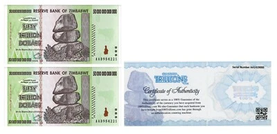 ZIM Zimbabwe 50 TRILLION  AA/2008 UNC 100% COA genuine 2 BANKNOTES, bundle, USA - Image 1 of 2