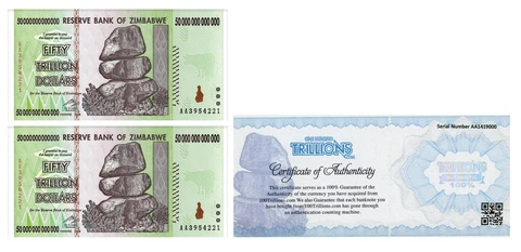 ZIM Zimbabwe 50 TRILLION  AA/2008 UNC 100% COA genuine 2 BANKNOTES, bundle, USA Cover