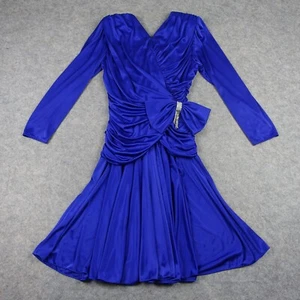 VINTAGE Abby Kent Dress Womens 14 Blue Prom USA Bow 70s 80s Party Wrap Ruching - Picture 1 of 17