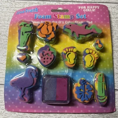 Vintage Lisa Frank Mini  Foam Stamp Set & Pad Colorful Tropical Flamingo Dolphin Foto 1 de 3
