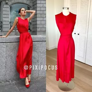 ZARA NEW SATIN TIE WAIST MIDI DRESS FLOWY BELTED RED M,L,XL 8573/128 - Picture 1 of 13