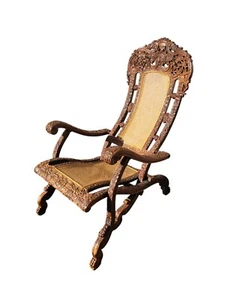 Fauteuil Pliant En Bois Sculpté, Inde XIXème Siècle - Picture 1 of 15