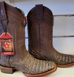 New Los Altos (Mexico) 8228235 sanded Croc safari brown wide sq. toe cowboy boot - Picture 1 of 5