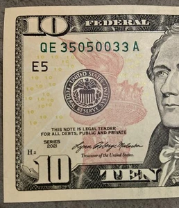 NEW UNCIRCULATED $10 TEN DOLLAR BILL Fancy Number Trinary 2021 QE 35050033 A - Picture 1 of 3