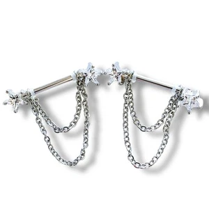 14g Pair White Sparkle Cz Star Dangle Double Chain Nipple Rings - Picture 1 of 3