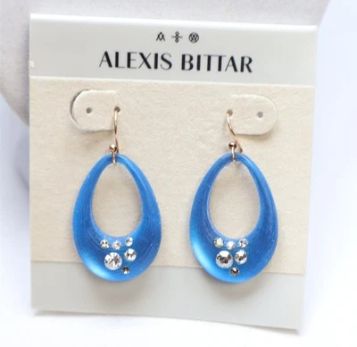Brincos de gota de fio Alexis Bittar tom dourado azul lucite e cristal $125 novos - Imagem 1 de 4