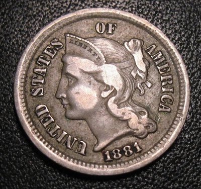 Old US Coins 1881 Obsolete Highgrade Three Cent Piece 3 C - Image 1 of 2