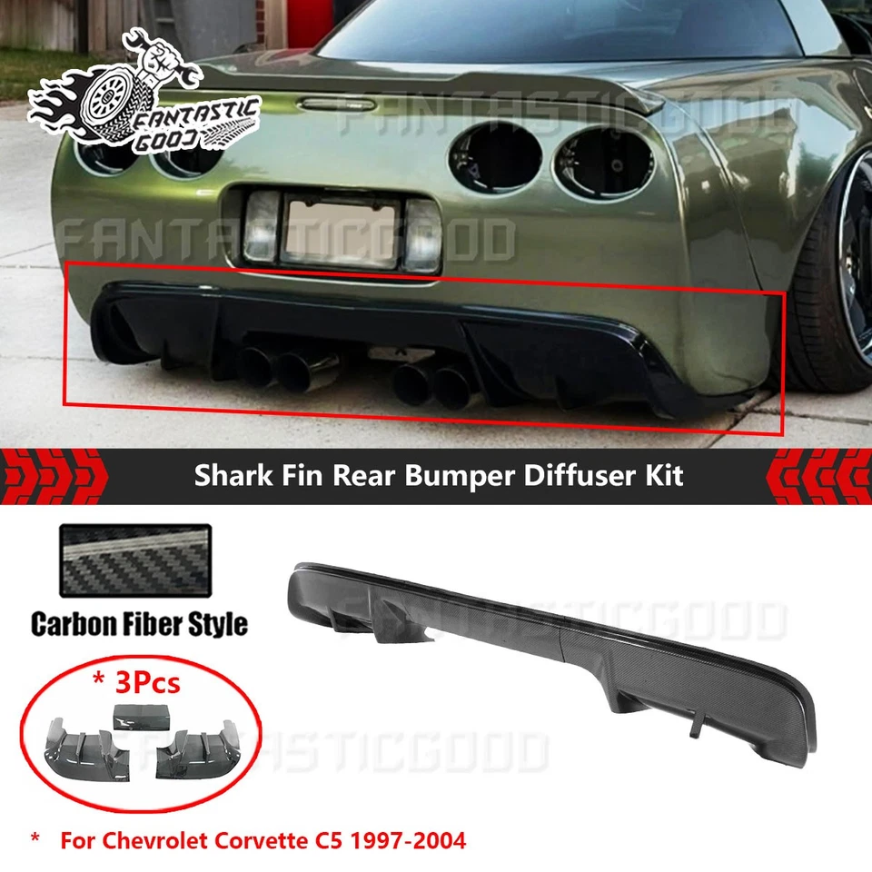 For Chevrolet Corvette C5 1997-2004 Carbon Look Shark Fins Rear Bumper Diffuser - Image 1 of 4