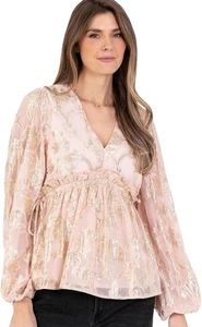 Lovedrobe Langarm Blumen Jacquard Schößchen Taille Rüschen Rüschen Bluse Rosa 20 - Bild 1 von 10