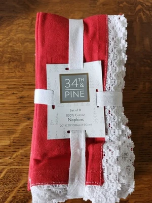 34th & Pine Red With White Lace Cloth Napkins Set Of 8 20"x20" 100% Cotton NWT - Image 1 of 4
