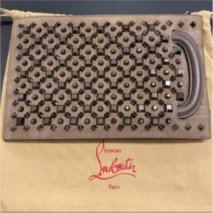 Christian Louboutin 4-Way Brown Leather Clutch Bag with Studs and Red Interior - Picture 1 of 9