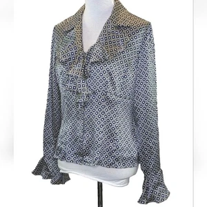 Blusa de seda Anne Klein manga 12 campana cuello con volantes azul y blanco - Imagen 1 de 9