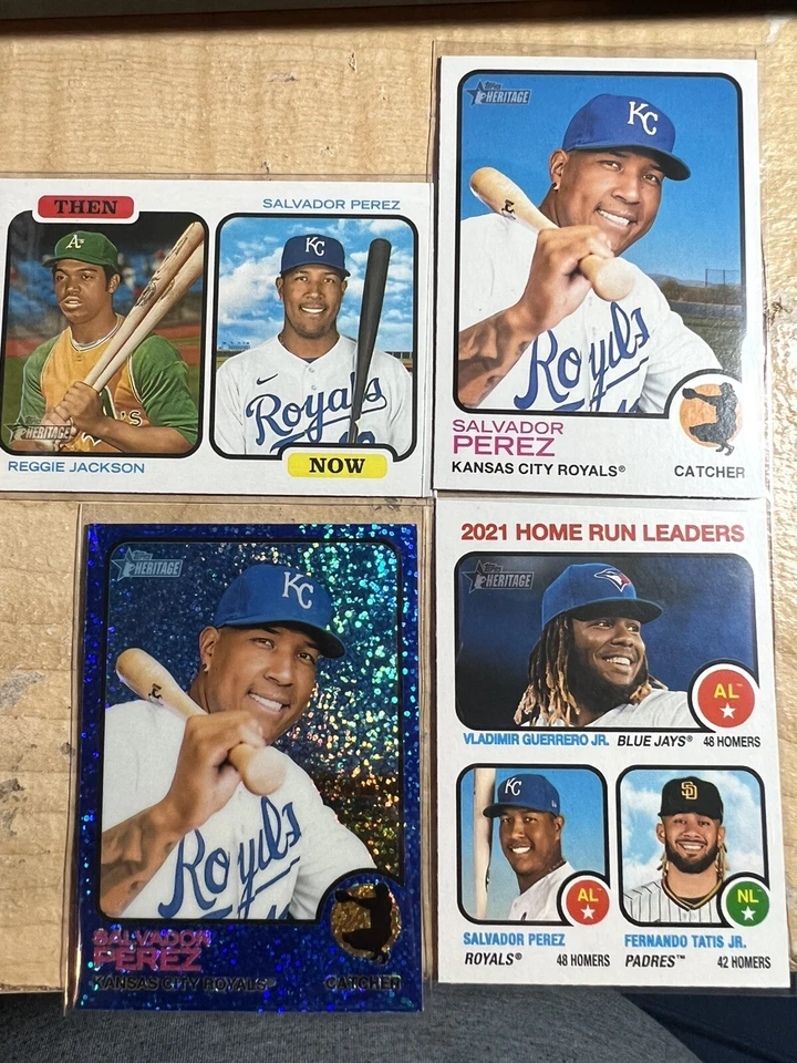 2022 Topps Heritage Salvador Perez Chrome Blue Sparkle Refractor and Base Card, - Image 1 of 1