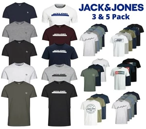 Mens 3 & 5 Multi Pack Jack Jones Tee Plain Logo Branded Cotton T-shirt Top S-2XL - Picture 1 of 7