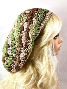 NEW Women's Handmade SLOUCHY Beanie Tam Hat Rasta EXTRA BAGGIE Mint Chocolate - Picture 1 of 5