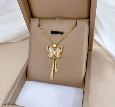 Damen Halskette Schmetterling Zirkon Anhänger Frauen Schmuck Kette 925 Gold Frau - Bild 1 von 4