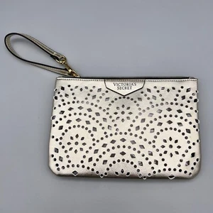 Victorias Secret Golden Small Textured Cut Out Cosmetic Bag Wristlet Pouch 8x5.5 - Picture 1 of 13
