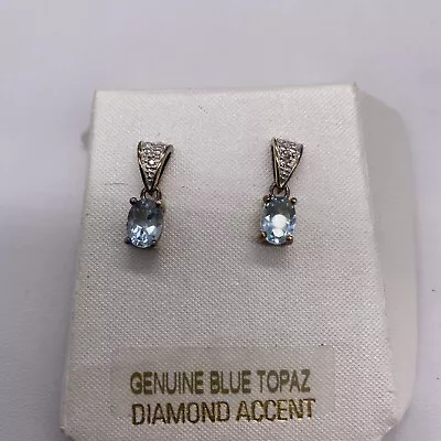 Blue Topaz Oval  Earrings with Diamond Accent in Gold Plated Sterling Silver - Image 1 of 4
