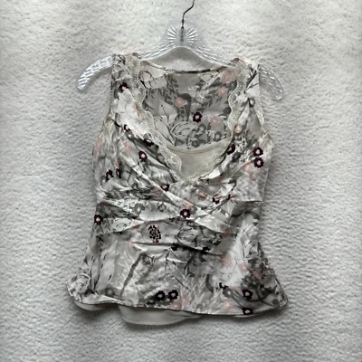 Top de seda vintage Y2K pequeño 4 blanco satinado floral corpcore oficina hada grunge Foto 1 de 4