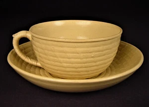 EXTREMELY RARE 1834 SIGNED BASKET WEAVE MOLDED TEA CUP & SAUCER YELLOW WARE - Picture 1 of 14