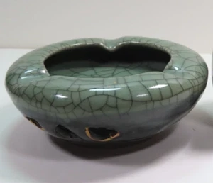 Vintage Somayaki Soma Ware Japanese Golden Horse Green Crackle Ashtray 2"x5.25" - Picture 1 of 4