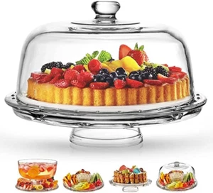 Cake Stand with Dome, 6-In-1 Multifunctional Glass Serving Platter for Cakes, De - Picture 1 of 6