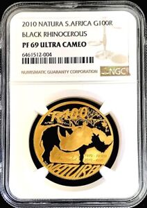 2010 GOLD SOUTH AFRICA 1 OZ 100 RAND BLACK RHINO NATURA COIN NGC PROOF 69 UC